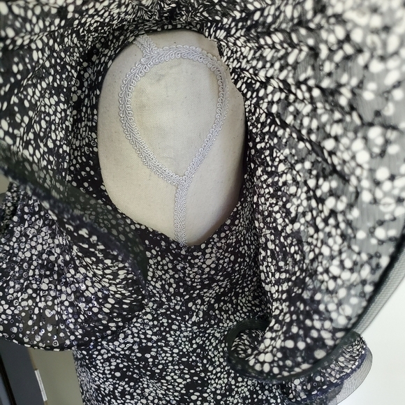 Badgley Mischka Navy Flouncy Mesh Ruffle Sequin Pleated Silk Top - Picture 11 of 11